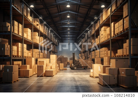 A large warehouse with multiple stacks of boxes, parcels, and a horizontal parcel shelf, lit by bulbs. Generative AI 108214810