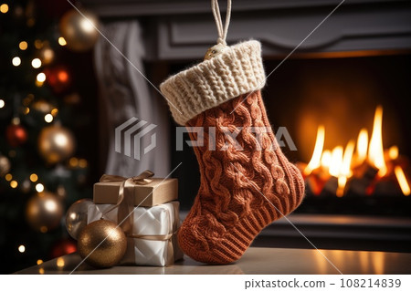 Red sock hanging near fireplace. Christmas festival. Generative AI 108214839