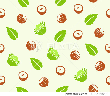 Hazelnut, cobnut, filbert, nut, leaves and plant, seamless vector background, pattern. Nutty, food, meal, nature, fruit, kernel, eating and eat, vector design and illustration Hazelnut, cobnut, filbert, nut, leaves and plant, seamless vector background, pattern. Nutty, food, meal, nature, fruit, kernel, eating and eat, vector design and illustration 108214852