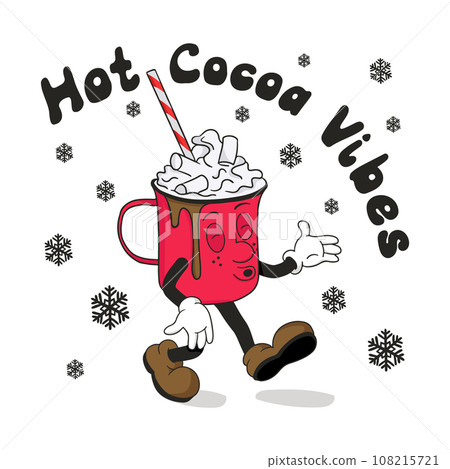 Typography composition with old cartoon Christmas hot chocolate mug. Cute vintage character and groovy slogan Hot Cocoa Vibes in flat hand drawn style. Design print for printout, shirt print, poster Typography composition with old cartoon Christmas hot chocolate mug. Cute vintage character and groovy slogan Hot Cocoa Vibes in flat hand drawn style. Design print for printout, shirt print, poster 108215721