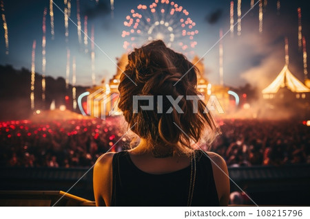 Woman at music festival with fire work. Generative AI 108215796