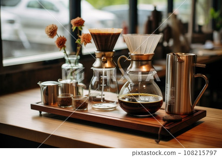 coffee drip set on table at cafe. Generative AI coffee drip set on table at cafe. Generative AI 108215797