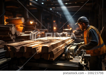 workers in safety vests operating. Wooden plank on a sawmill conveyor belt. Generative AI 108215798