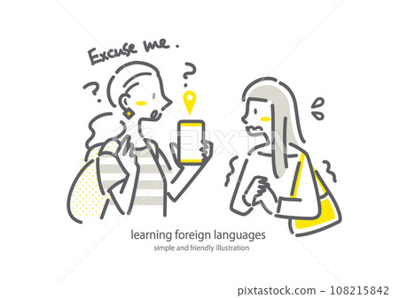 A woman who is troubled when a foreign traveler asks her for directions. Simple and stylish line drawing illustration. A woman who is troubled when a foreign traveler asks her for directions. Simple and stylish line drawing illustration. 108215842