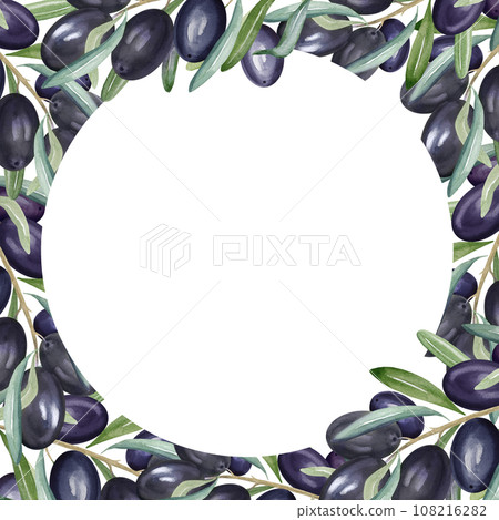 watercolor round frame with branch of black olives with leaves and fruits, hand drawn illustration of olive isolated on white background watercolor round frame with branch of black olives with leaves and fruits, hand drawn illustration of olive isolated on white background 108216282