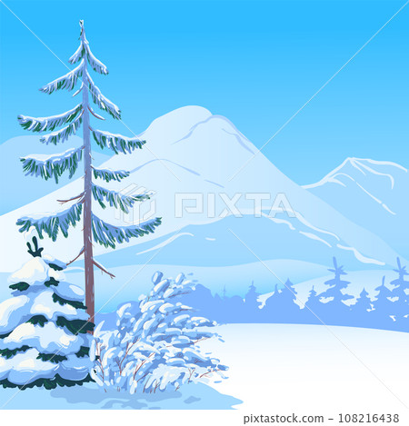 Vertical scene with falling snow. Snow-covered trees, firs against the backdrop of forests and mountains. Vector illustration. Christmas scene. Vertical scene with falling snow. Snow-covered trees, firs against the backdrop of forests and mountains. Vector illustration. Christmas scene. 108216438