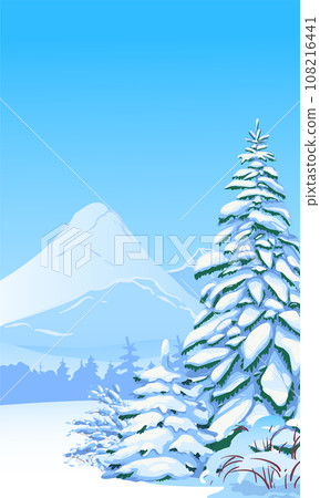 Vertical scene with falling snow. Snow-covered trees, firs against the backdrop of forests and mountains. Vector illustration. Christmas scene. Vertical scene with falling snow. Snow-covered trees, firs against the backdrop of forests and mountains. Vector illustration. Christmas scene. 108216441