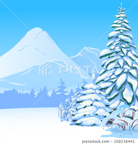 Vertical scene with falling snow. Snow-covered trees, firs against the backdrop of forests and mountains. Vector illustration. Christmas scene. Vertical scene with falling snow. Snow-covered trees, firs against the backdrop of forests and mountains. Vector illustration. Christmas scene. 108216442