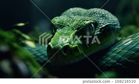 closeup portrait of green snake at nature, reptile animal 108216510
