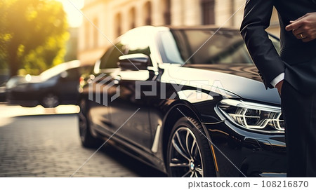 professional driver of black luxury car, confident man in suit 108216870