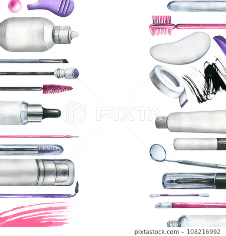 Tools and cosmetics for the master of eyelash and eyebrow extension and lamination. Watercolor illustration, hand drawn. Frame, template on a white background. Tools and cosmetics for the master of eyelash and eyebrow extension and lamination. Watercolor illustration, hand drawn. Frame, template on a white background. 108216992