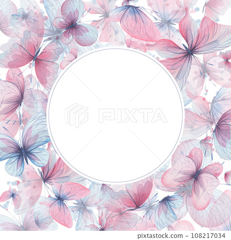 Butterflies are pink, blue, lilac, flying, delicate with wings and splashes of paint. Hand drawn watercolor illustration. Circle wreath, frame, template on a white background, for design. Butterflies are pink, blue, lilac, flying, delicate with wings and splashes of paint. Hand drawn watercolor illustration. Circle wreath, frame, template on a white background, for design. 108217034