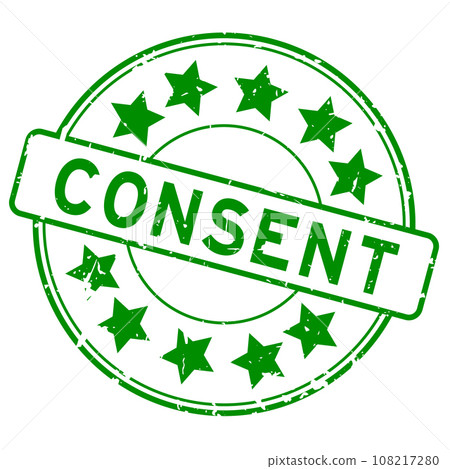 Grunge green consent word with star icon round rubber seal stamp on white background 108217280