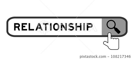 Search banner in word relationship with hand over magnifier icon on white background 108217346