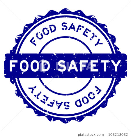 Grunge blue food safety word round rubber seal stamp on white background 108218082