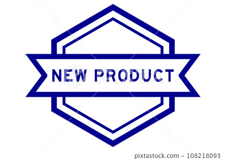 Vintage blue color hexagon label banner with word new product on white background 108218093