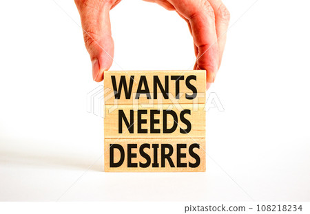 Wants needs and desires symbol. Concept words Wants Needs Desires on wooden blocks. Businessman hand. Beautiful white background. Business, psychological wants needs and desires concept. Copy space. Wants needs and desires symbol. Concept words Wants Needs Desires on wooden blocks. Businessman hand. Beautiful white background. Business, psychological wants needs and desires concept. Copy space. 108218234