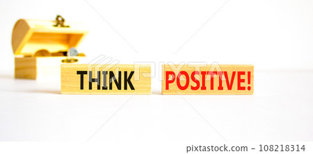 Think positive symbol. Concept words Think positive on beautiful wooden block. Beautiful white table background. Wooden chest coins. Business, motivational think positive thinking concept. Copy space. 108218314