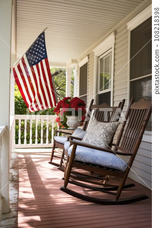Vertical picture of USA flag on building porch expresses patriotism reflecting love for country. 108218398