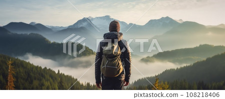 Lonely man enjoying view of the summer foggy mountains while he standing on a mountain peak. Lonely man enjoying view of the summer foggy mountains while he standing on a mountain peak. 108218406