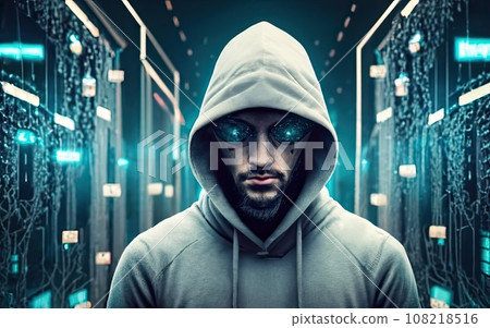 Hacker in hoodie in dark background  108218516