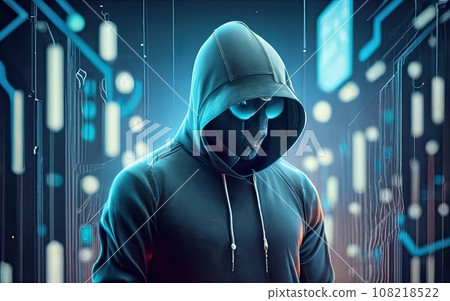 Hacker in hoodie in dark background  108218522