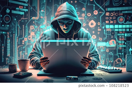 Hacker in hoodie in dark background  108218523