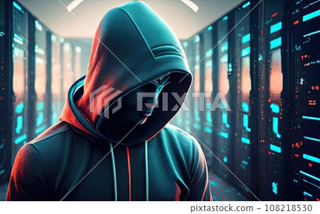 Hacker in hoodie in dark background  108218530