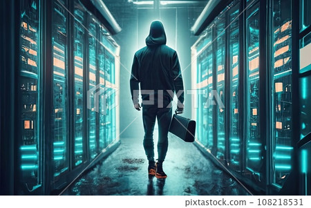 Hacker in hoodie in dark background  108218531