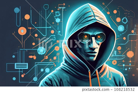 Hacker in hoodie in dark background  108218532