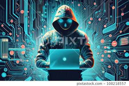 Hacker in hoodie in dark background  108218557