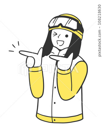 一個穿著冬季運動的女人高興地用雙手指著 一個穿著冬季運動的女人高興地用雙手指著 108218630