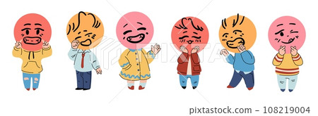 People mood. Funny emoticon. Cartoon person faces. Emotion expression and gesture. Positive or negative emoji icons. Happy or sad characters holding head. Standing men and women vector set 108219004