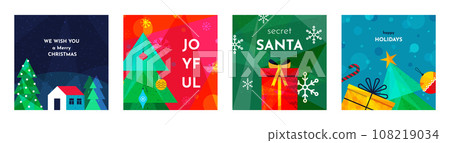 Christmas cards. Tree holiday pattern, geometric modern season backgrounds, winter frame. House in snow, holiday gifts, fir in colorful toys. Geometric invitations. Vector abstract illustration 108219034