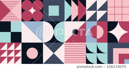 Abstract geometric design. Shapes pattern. Geometry texture poster. Minimal modern art. Squares composition. Mosaic collage. Avant-Garde print. Bauhaus background. Vector illustration 108219070