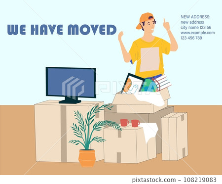 Moving boxes. People relocation. Business relocating to new office. New address. Changes announce. Cardboard parcels stacks. Delivery service. Moved shop message. Vector banner design Moving boxes. People relocation. Business relocating to new office. New address. Changes announce. Cardboard parcels stacks. Delivery service. Moved shop message. Vector banner design 108219083