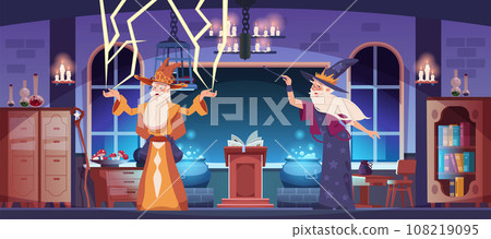 Magic school. Magician classroom interior with potion, spell book or broom. Cartoon witchcraft laboratory. Sorcerers making magical tricks. Medieval alchemists. Vector illustration Magic school. Magician classroom interior with potion, spell book or broom. Cartoon witchcraft laboratory. Sorcerers making magical tricks. Medieval alchemists. Vector illustration 108219095