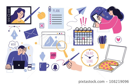 Remote work. Creative business. Designer character. Computer online freelance job. People drawing at digital table. Web painting. Deadline plan. Office elements set. Vector illustration Remote work. Creative business. Designer character. Computer online freelance job. People drawing at digital table. Web painting. Deadline plan. Office elements set. Vector illustration 108219096