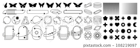 90s graphic. Sketch stars. Bubble heart. Vintage shine lines. Geometric sparkling icons. Outline y2k frames. Silhouette butterfly. Half tone gradient figures. Vector symbols collection 90s graphic. Sketch stars. Bubble heart. Vintage shine lines. Geometric sparkling icons. Outline y2k frames. Silhouette butterfly. Half tone gradient figures. Vector symbols collection 108219097