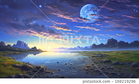 fantasy landscape scene features a moonlit night with mountains and a tranquil sea, AI-generated content, AI content 108219286