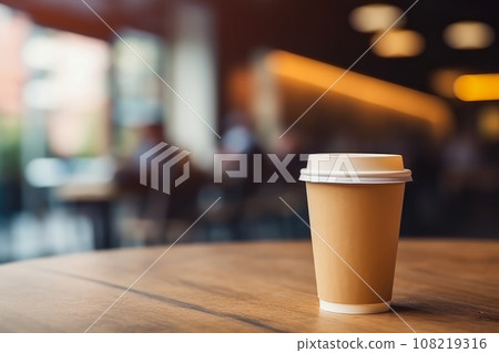 Brown paper coffee cup on the table in coffee shop background, Generative AI. 108219316