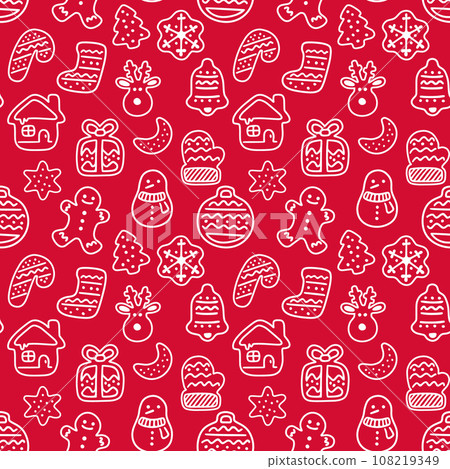 Christmas red seamless pattern with doodle elements for paper, fabric, decoration. Vector illustration Christmas red seamless pattern with doodle elements for paper, fabric, decoration. Vector illustration 108219349