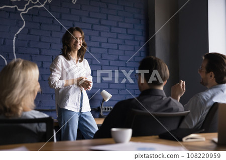 Young businesswoman brainstorming on team training in office Young businesswoman brainstorming on team training in office 108220959