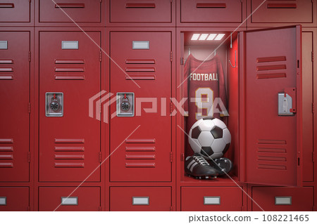 Football accesoires in locker rrom. Soccer ball, shirt and boots in a club wardrobe. 108221465