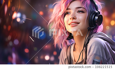 A young blogger or gamer of bright appearance, with pink hair, records podcast. Girl Student Streamer conducts a review, A young blogger or gamer of bright appearance, with pink hair, records podcast. Girl Student Streamer conducts a review, 108221515