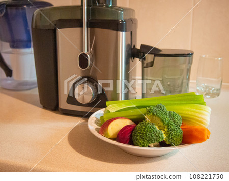 Juicer with plate of fresh vegetables 108221750