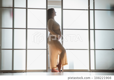 A pregnant woman in a long beige dress stands in profile between the folding doors. A pregnant woman in a long beige dress stands in profile between the folding doors. 108221908