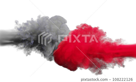 Puffs of grey and red smoke collide against a white background. 3d illustration. Puffs of grey and red smoke collide against a white background. 3d illustration. 108222126