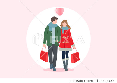 Young couple walking together with shopping bags. People buying gift in Christmas Day, Christmas fashion, vector illustration. 108222332