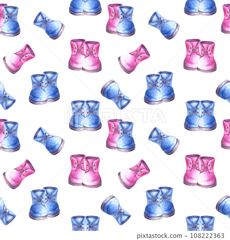 Baby blue and pink booties, shoes seamless pattern Boy or girl Watercolor hand draw illustration isolated on white background Repeating design for birthday, newborn gender reveal party wallpaper print Baby blue and pink booties, shoes seamless pattern Boy or girl Watercolor hand draw illustration isolated on white background Repeating design for birthday, newborn gender reveal party wallpaper print 108222363